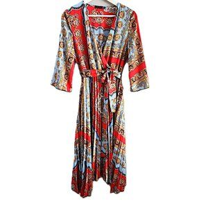 Black Tape orange & blue pleated paisley dress